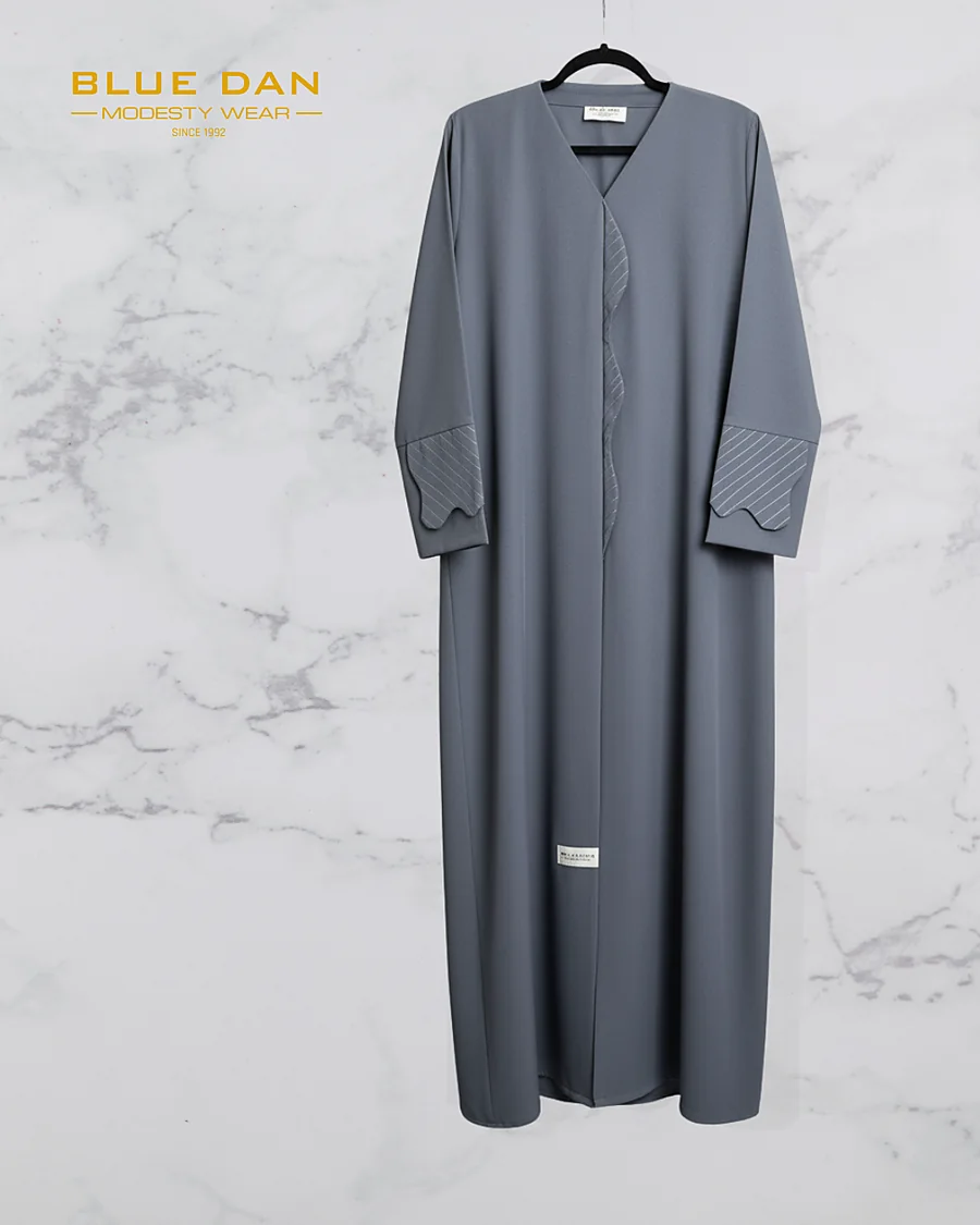 BD107 ash blue abaya with scalloped edges