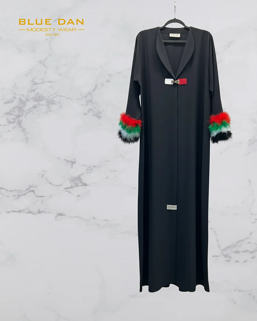 National Day abaya with green, red, white and black fur cuffs