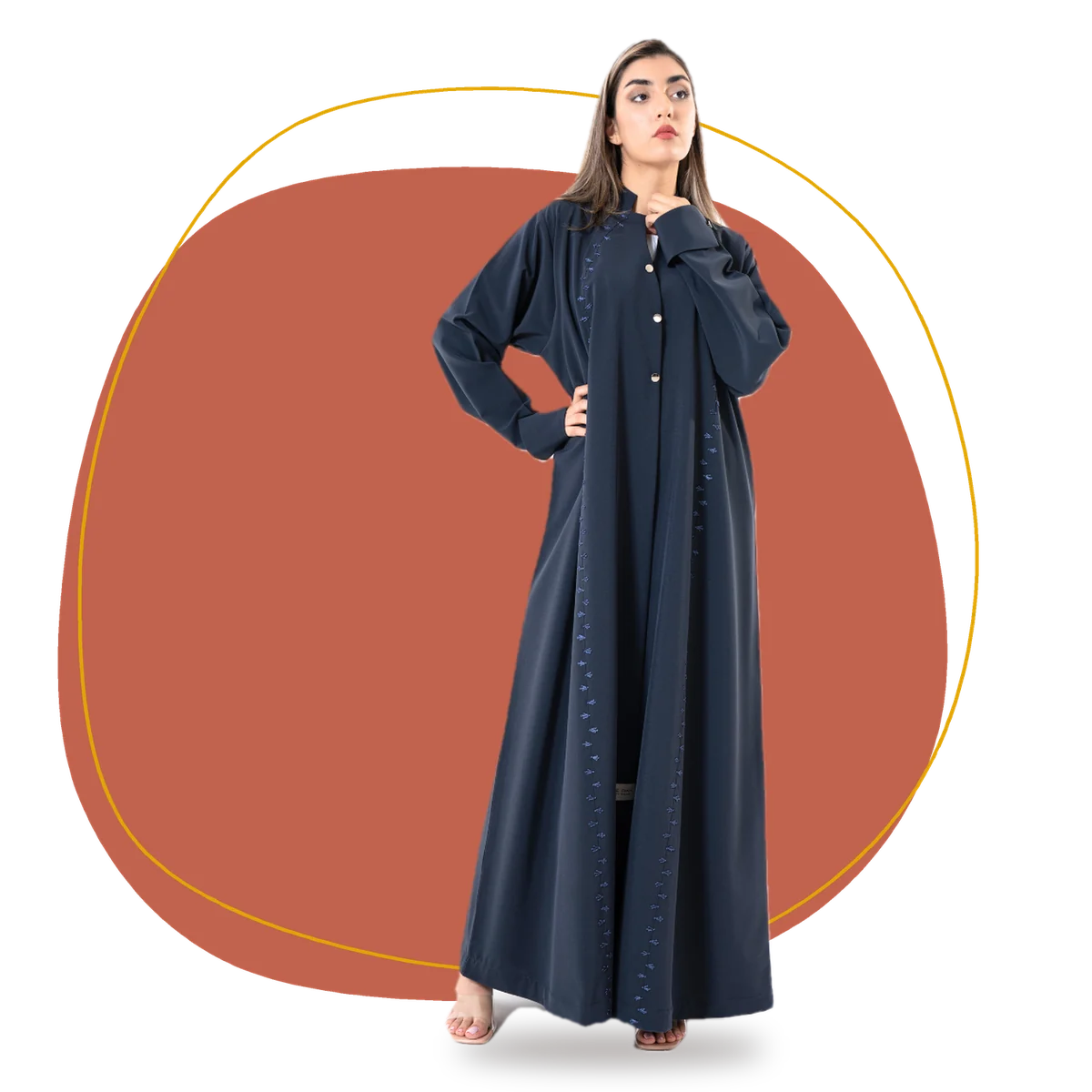 Model wearing the navy Blue Dan MD113 abaya with embroidered placket and gold buttons
